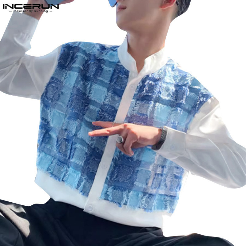 Incerun เสื้อเชิ้ตแขนยาว ผ้าแจ็คคาร์ด เย็บปะติดปะต่อกัน สไตล์เกาหลี สําหรับผู้ชาย