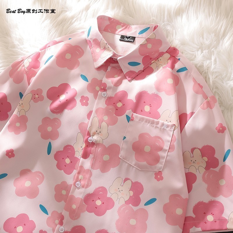 Herberty พร้อมส่ง M-2XL ลาย น้องกระต่าย ชมพู [108] เสื้อฮาวาย เชิ้ต ชาย-หญิง เสื้อสงกรานต์ แขนสั้น สไตล์เกาหลี