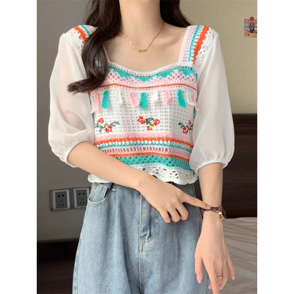 DODO✨พร้อมส่ง✨เสื้อถักไหมพรม คอเหลี่ยม เสื้อถักไหมพรม แขนสั้นผ้าชีฟอง สีพาสเทลใส่สบาย(72026)