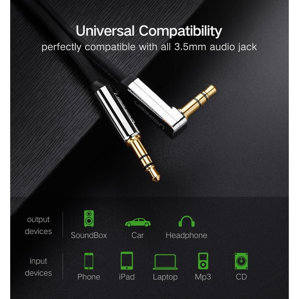 สายลำโพง UGREEN AUX 3.5mm Cable 90 degrees Male to Male Auxiliary Aux Stereo Professional HiFi Cable