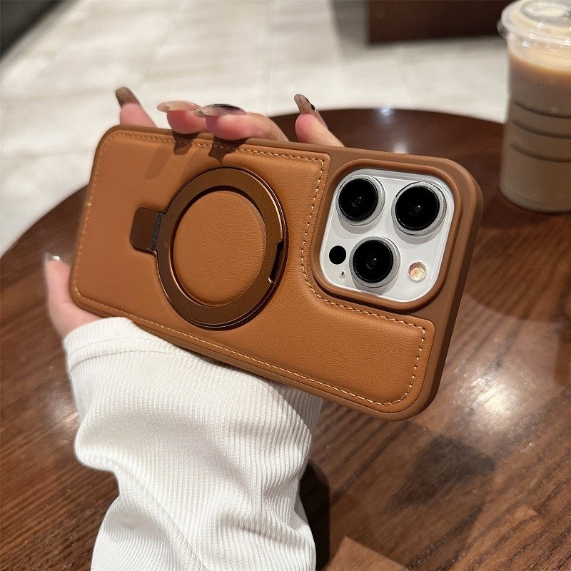 ใหม่ เคสโทรศัพท์มือถือหนังนิ่ม สีน้ําตาล ไฮเอนด์ เรียบง่าย พร้อมขาตั้งชาร์จไร้สาย สําหรับ iphone 15 14 13 12 Pro max 15plus 14plus