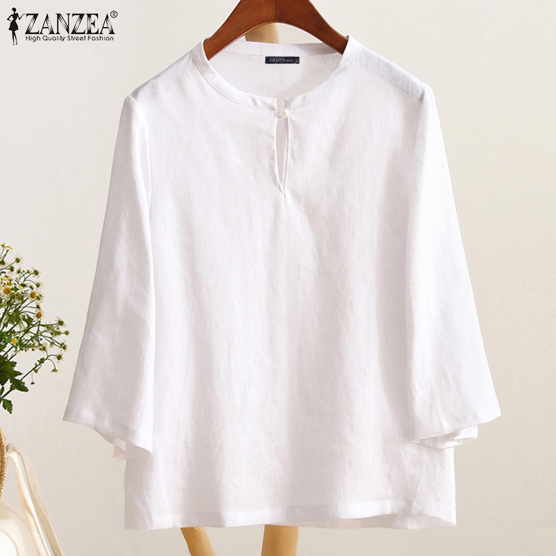 Zanzea เสื้อเบลาส์ลําลอง คอกลม แขน 3/4 สีพื้น สไตล์เกาหลี สําหรับผู้หญิง — صورة 4