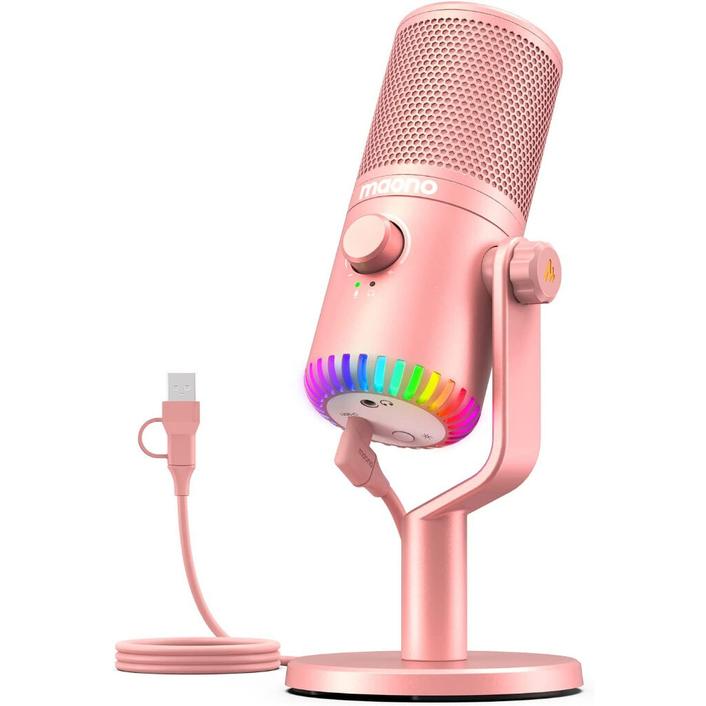 MAONO DM30 RGB Pink USB Condenser Microphone สําหรับ PC คอมพิวเตอร์ โทรศัพท์มือถือ เล่นเกม