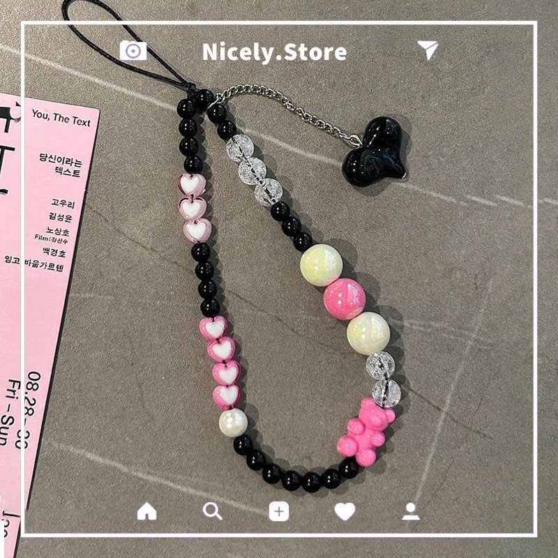 Ins สายโซ่คล้องโทรศัพท์มือถือ ประดับลูกปัด รูปหมี หัวใจ กันหาย สีดํา อุปกรณ์เสริม สําหรับห้อยกล้อง เครื่องประดับ