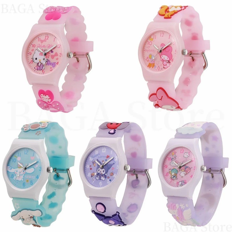 SANRIO นาฬิกาข้อมือควอตซ์ สายซิลิกาเจล กันน้ํา ลายการ์ตูนคิตตี้น่ารัก 3D สําหรับเด็ก