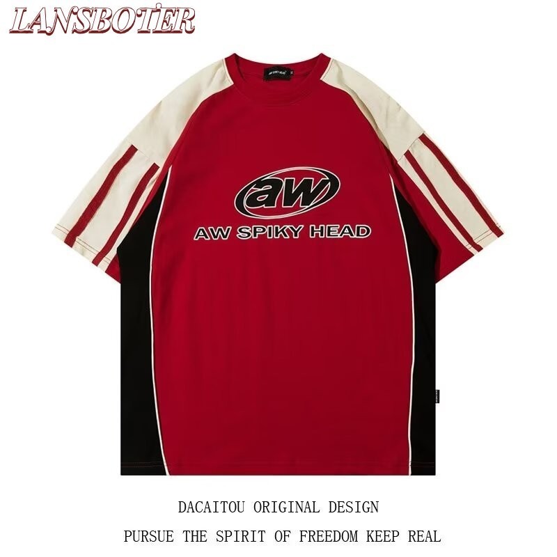 Lansboter เสื้อยืดคอกลม แขนสั้น ทรงหลวม สีตัดกัน สไตล์เรโทร อเมริกัน สตรีท ฤดูร้อน สําหรับผู้ชาย