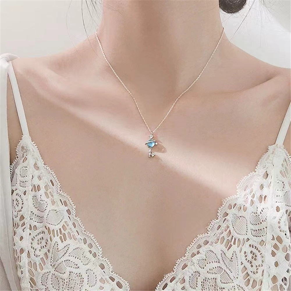 A HELLO GIRL สร้อยคอแฟชั่น รูปดาวเคราะห์ ประดับคริสตัล สีฟ้า สีชมพู - รูปที่ 2