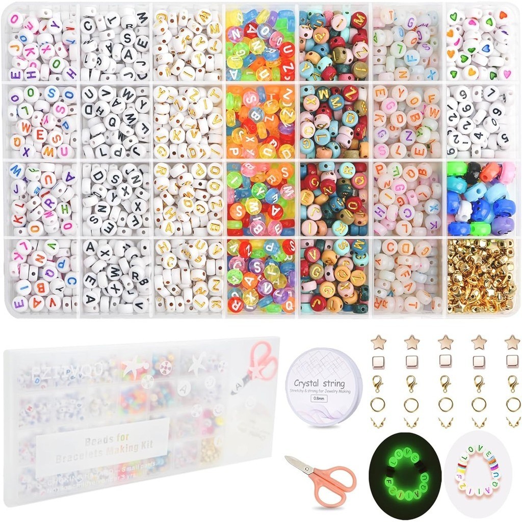 ชุดลูกปัดอะคริลิค ทรงกลม ลายตัวอักษร ตัวเลข หัวใจ หน้ายิ้ม 4x7 มม. 6 สี สําหรับทําสร้อยข้อมือ 1600 ชิ้น