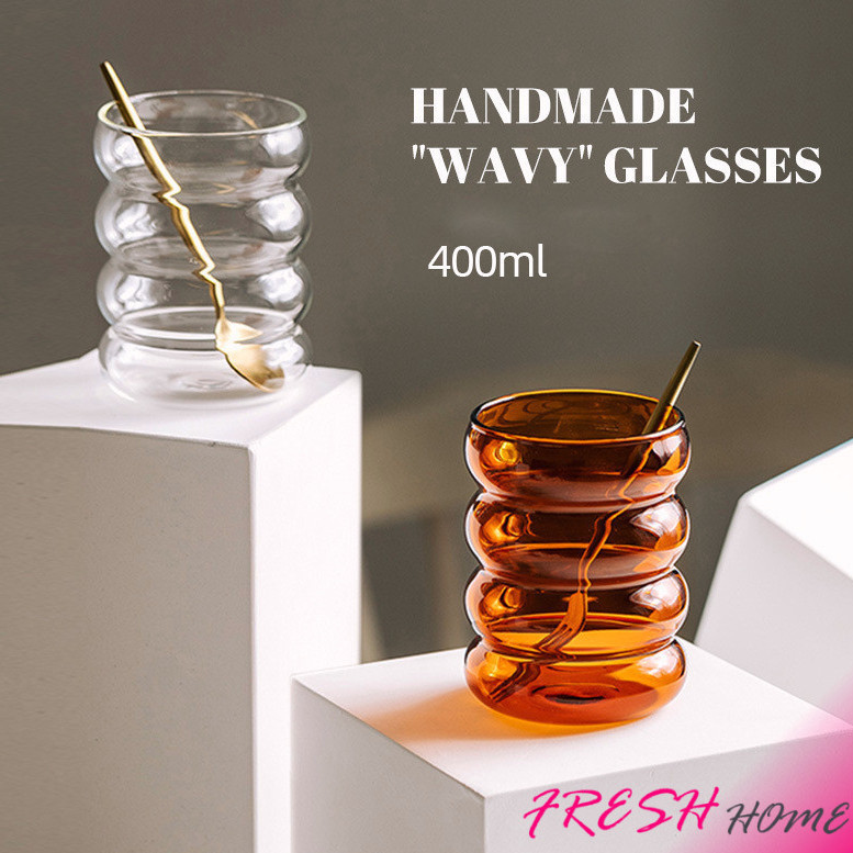 Fresh ถ้วยแก้ว ถ้วยกาแฟ ถ้วยนม ทรงลอนใหญ่ จับถนัดมือ glass cup
