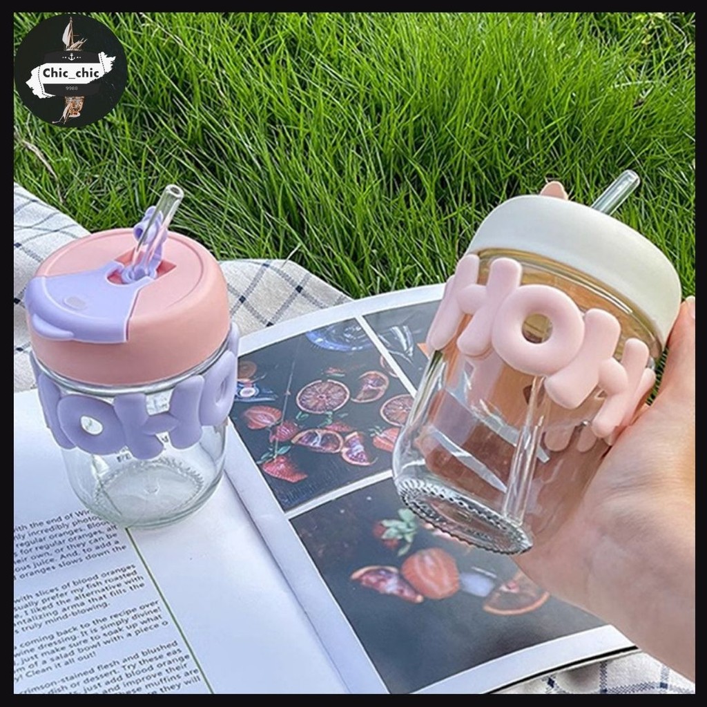 แก้วใส่น้ำ พร้อมหลอดแก้ว 350ML น่ารัก #W-0004