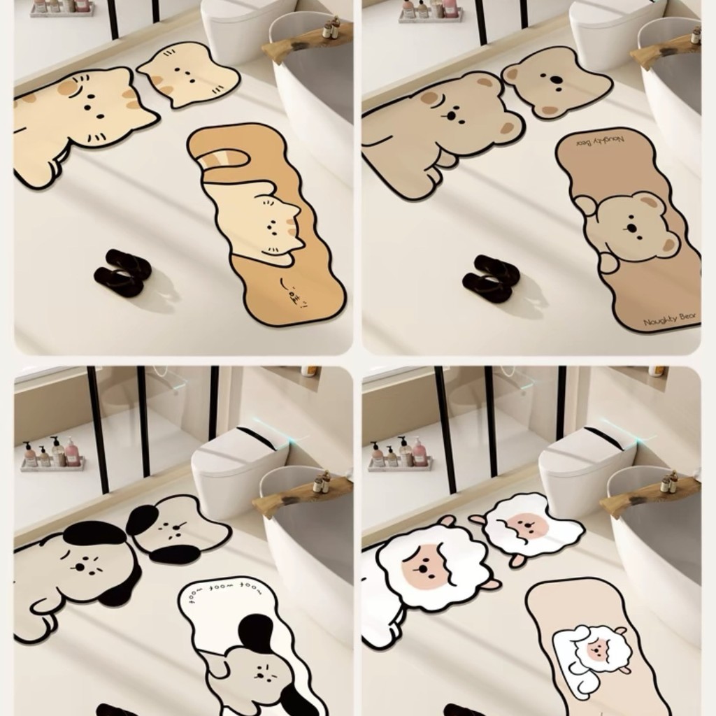 แผ่นดินดิอะตอมมิเนียมดูดซับนุ่มสำหรับห้องน้ำ แผ่นรองเท้าการ์ตูนกันลื่น ผ้าคลุมโถส้วม