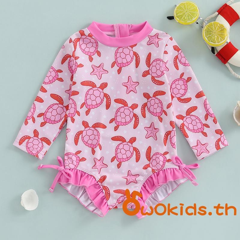 Toddler Girls Rash Guard ชุดว่ายน้ํา Rompers แขนยาวเต่าพิมพ์เด็ก Ruffles ชุดว่ายน้ําชุดว่ายน้ํา