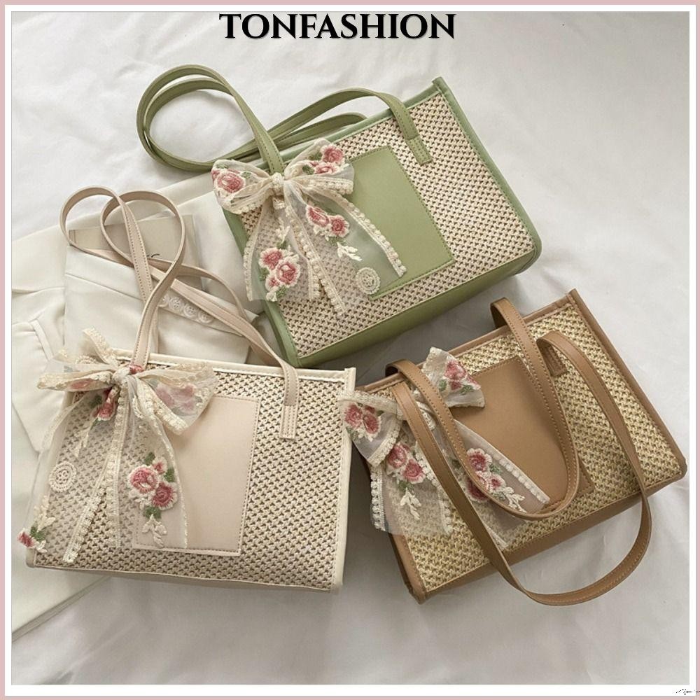 Tonfashion กระเป๋าสะพายไหล่ กระเป๋าถือ แบบสาน ทรงโท้ท เหมาะกับการพกพาเดินทาง ไปทะเล สําหรับผู้หญิง 2023