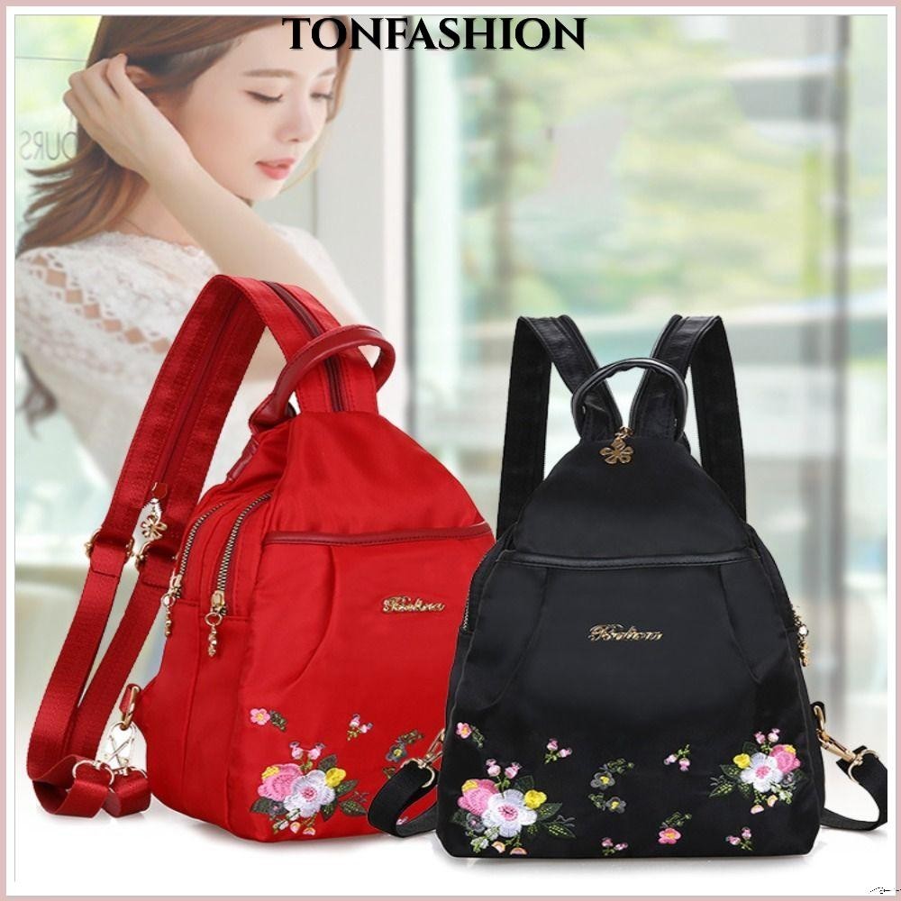 Tonfashion กระเป๋าเป้สะพายหลัง กระเป๋าสะพายไหล่ สะพายข้าง ปักลาย ความจุขนาดใหญ่ สําหรับผู้หญิง