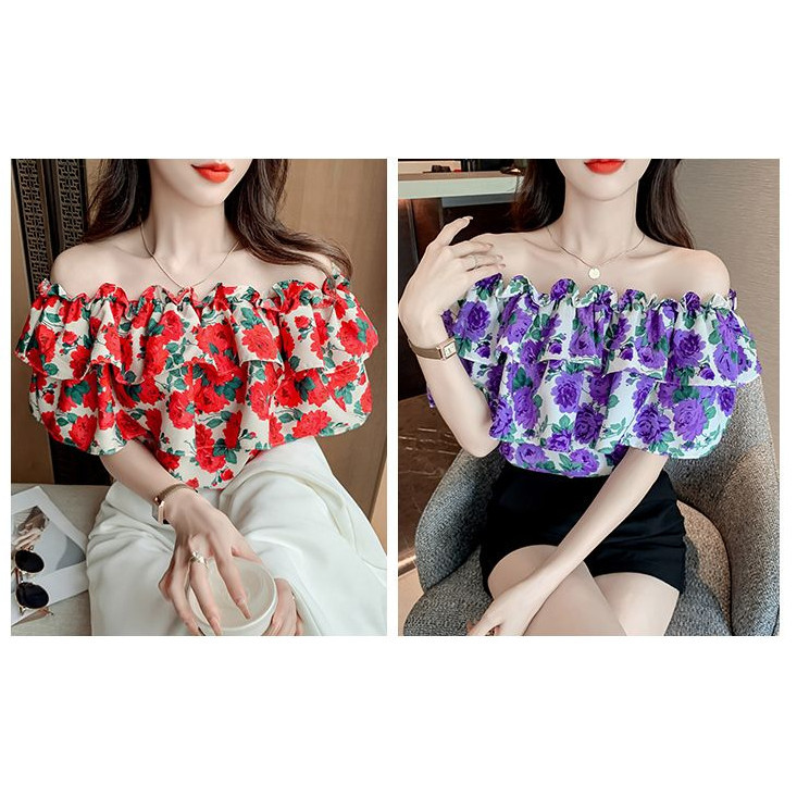 เสื้อเชิ้ตลายดอกวันสงกรานต์ สไตล์เปิดไหล่ เสื้อแขนสั้นขอบใบบัวสวยมาก ราคา ถูกที่สุด ดีลบีเคเค แกลเลอรีภาพที่ 2