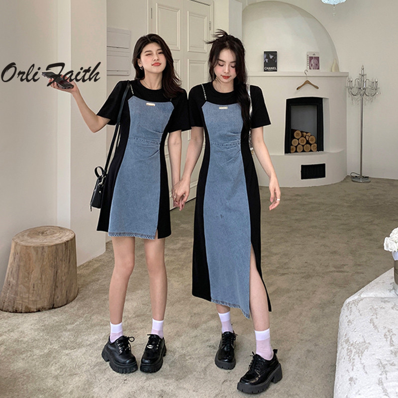 Orlifaith ชุดเดรสยีน คอกลม แขนสั้น พิมพ์ลาย สีตัดกัน พลัสไซซ์ M-3XL แฟชั่นสําหรับผู้หญิง