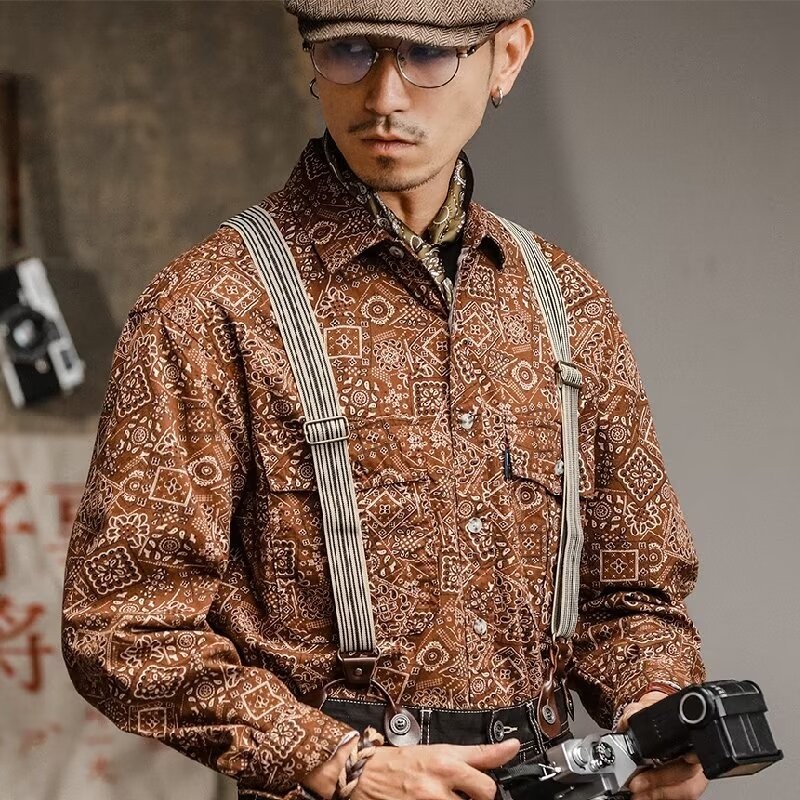 เสื้อเชิ้ตแขนยาว ทรงหลวม สไตล์ชนเผ่า แฟชั่นเรโทร สําหรับผู้ชาย