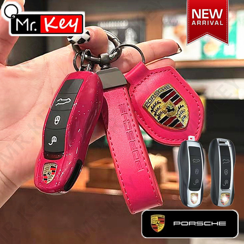 【Mr.Key】เคสกุญแจรถยนต์ สีชมพูเข้ม สําหรับ Porsche 718 Macan Cayenne Panamera 911 Taycan