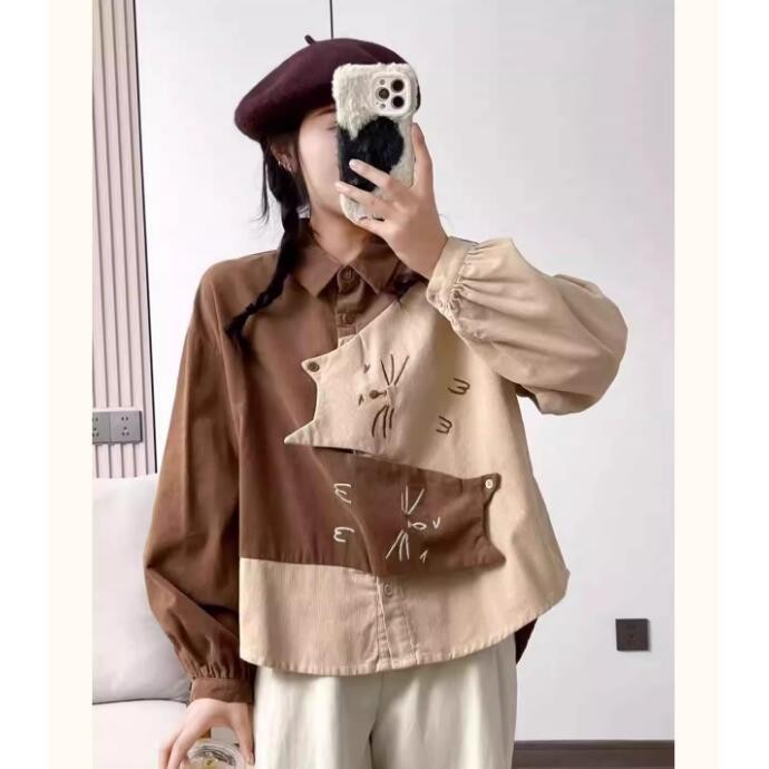 [lucky เสื้อผ้าผู้หญิง] เสื้อเชิ้ตแขนยาว ผ้าลูกฟูก ลดอายุ ลายการ์ตูน ทรงหลวม สไตล์ญี่ปุ่น แฟชั่นฤดูใ