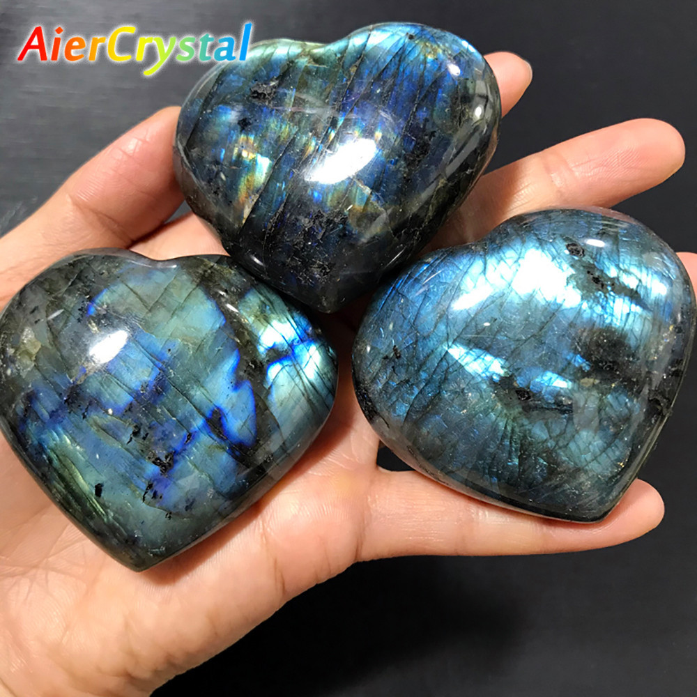 หินคริสตัลธรรมชาติ Labradorite Love Heart Shape หัวใจใหญ่ Labradorite Reiki Healing Rose Quartz Love คริสตัลตกแต่งงานฝีมือ 3-6 ซม.