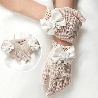 ถุงมือแต่งงานเด็ก เก๋ไก๋, โบว์โบว์ตาข่ายลูกไม้สั้น, ถุงมือชุดมารยาทบางหรูหรา ถุงมือปาร์ตี้วันเกิดเจ้าหญิงวันหยุด