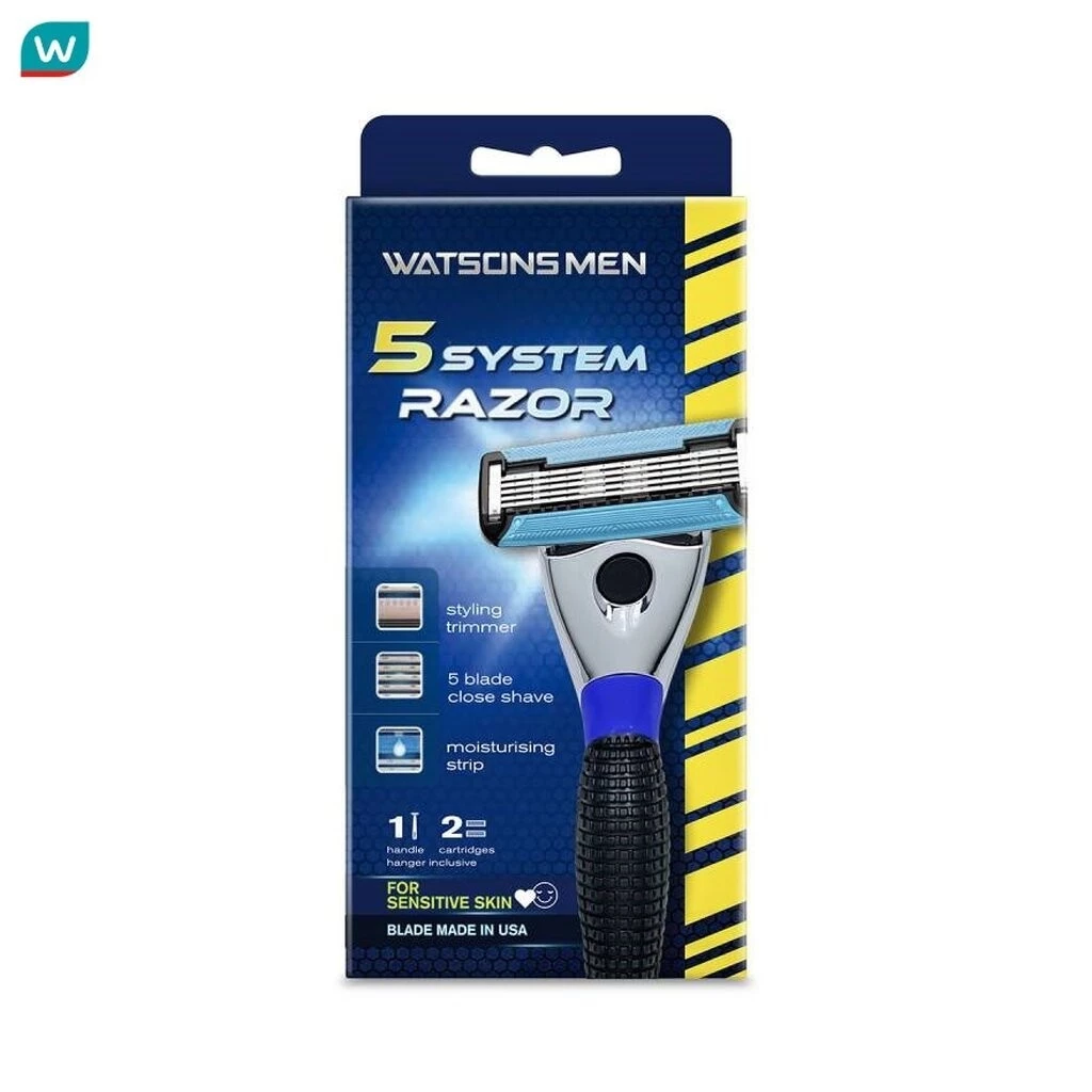 Watsons วัตสัน เม็น 5 ซิสเท็ม เรเซอร์ ชุดด้ามมีดโกนพร้อมใบมีดสำรอง สำหรับผู้ชาย.