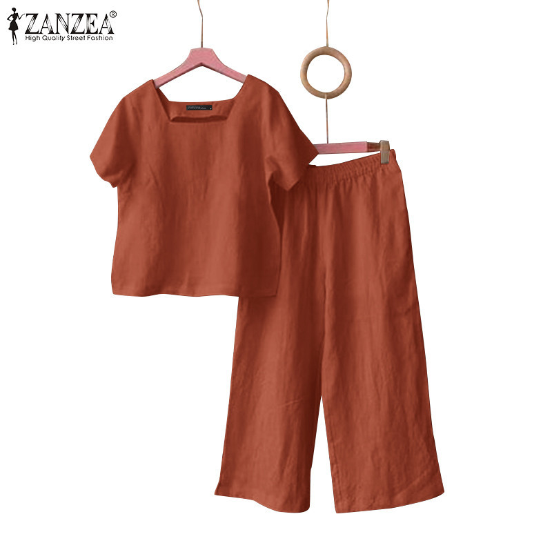 Zanzea เสื้อท็อป แขนสั้น คอสี่เหลี่ยม มีกระเป๋าด้านข้าง กางเกงขายาว สีพื้น สไตล์วินเทจ สําหรับผู้หญิง