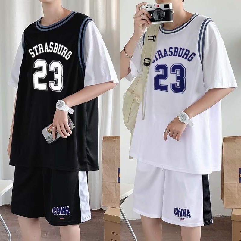 เสื้อกีฬาแขนสั้น กางเกงขาสั้น ผ้าเรยอน ลายทีมบาสเก็ตบอล No. 23 แฟชั่นฤดูร้อน สําหรับผู้ชาย
