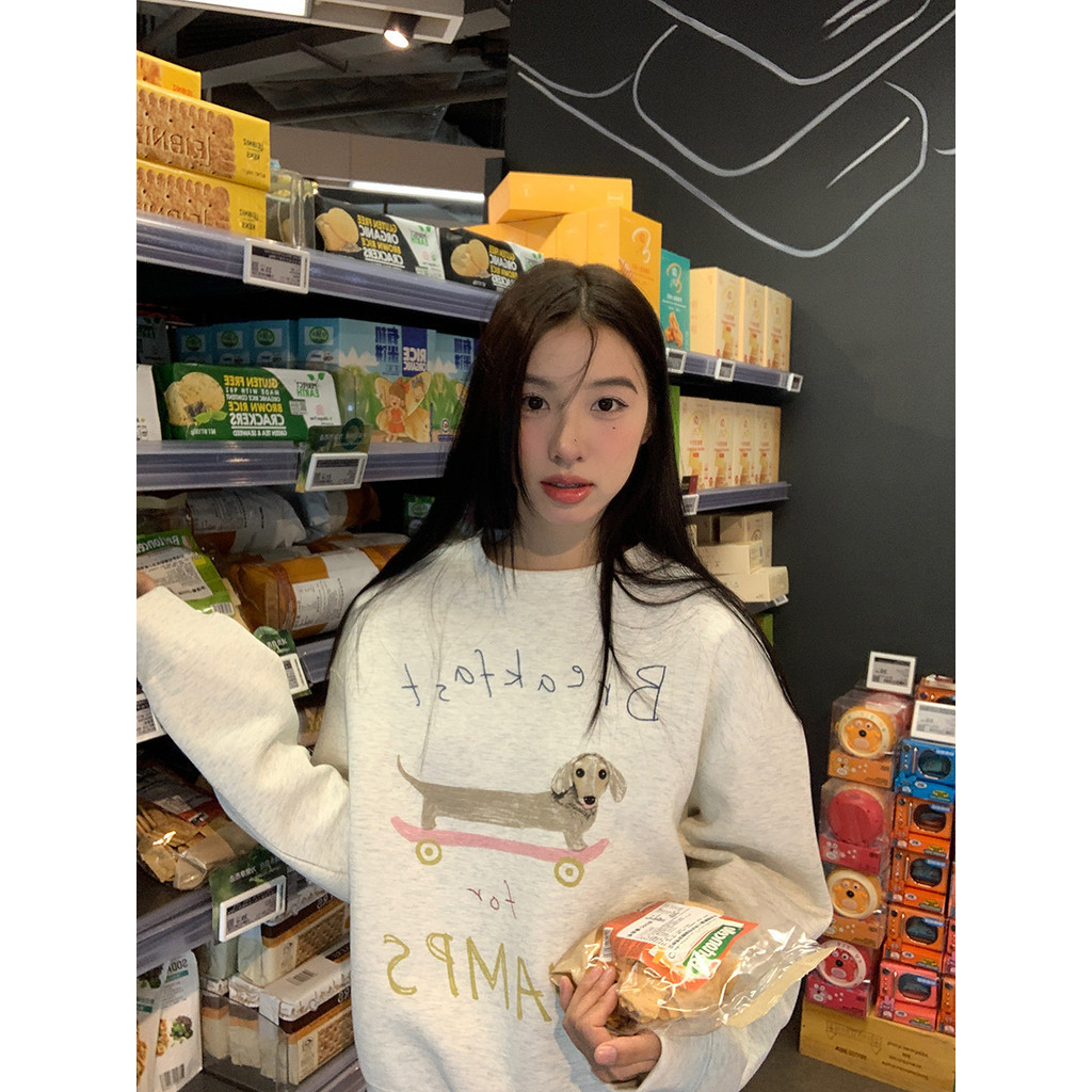Taycen เสื้อสเวตเตอร์ผู้หญิง แขนยาว ลายตัวหนังสือ สไตล์เกาหลี ทรงโอเวอร์ไซซ์