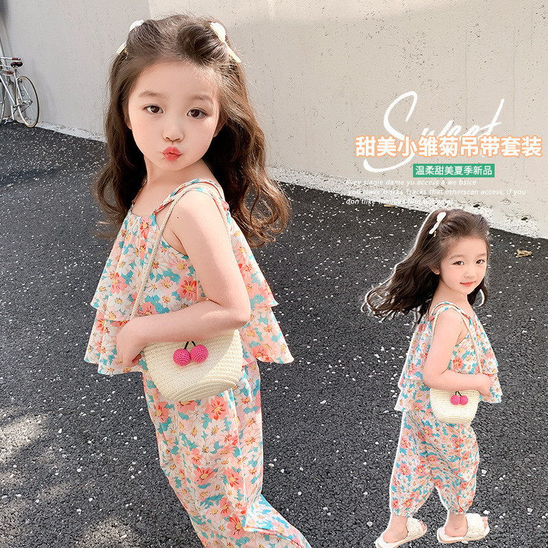 ชุดสูท ลายดอกเดซี่ สองชิ้น แฟชั่นฤดูร้อน สําหรับเด็กผู้หญิง 2024