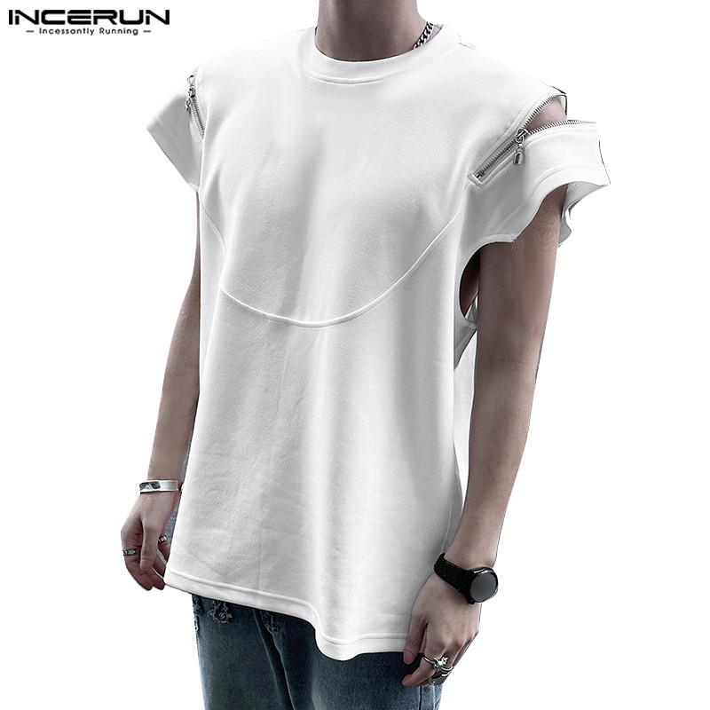 Incerun เสื้อยืดลําลอง คอกลม แขนสั้น มีซิป สไตล์เกาหลี สําหรับผู้ชาย