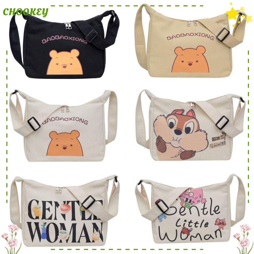 Chookey กระเป๋าสะพายแฟชั่นใหม่ กระเป๋าผ้าแคนวาส ลายการ์ตูน มีซิป ทนทาน เหมาะสำหรับสตรีและนักเรียน 1 ชิ้น