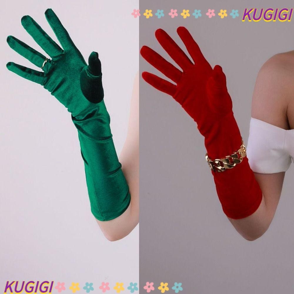 Kugigi ถุงมือยาว ผ้ากํามะหยี่ สีดํา ขาว ไวน์แดง น้ําเงิน สไตล์พังก์ย้อนยุค 45 ซม. สําหรับงานเลี้ยงตอนเย็น คลับ