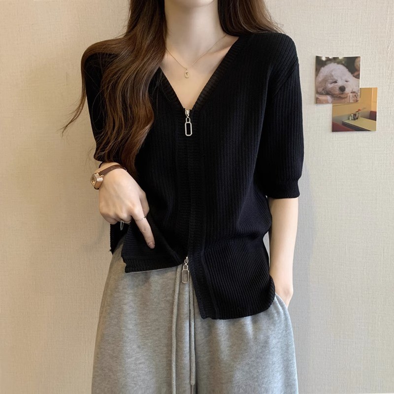 [Oversize Tee] เสื้อยืดแขนสั้น ผ้าถัก มีซิป ทรงหลวม โอเวอร์ไซซ์ สไตล์เกาหลี (40-150 กก.)