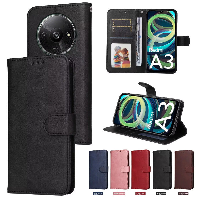 Xiaomi Redmi A3 กรณีพลิกหรูหรากระเป๋าสตางค์หนังผู้ถือหนังสือกันกระแทกเต็มรูปแบบสําหรับ Xiaomi Redmi 