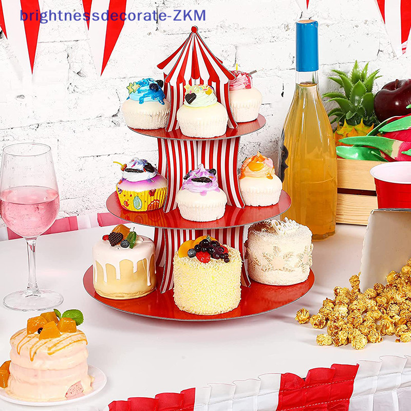 [Brightdecorate] ชั้นวางคัพเค้ก และคัพเค้ก แบบกระดาษ ลายทาง สีแดง 3 ชั้น สําหรับเด็ก 1 ชุด