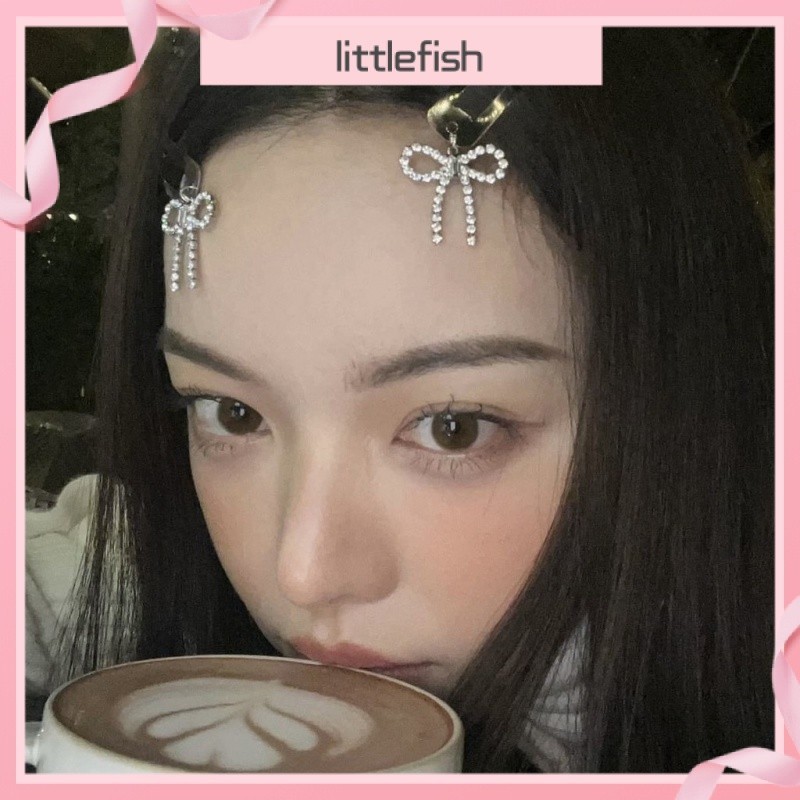 [Littlefish] กิ๊บติดผม รูปหยดน้ํา ประดับโบว์ พลอยเทียม เข้ากับทุกการแต่งกาย สไตล์เกาหลี สําหรับผู้หญิง