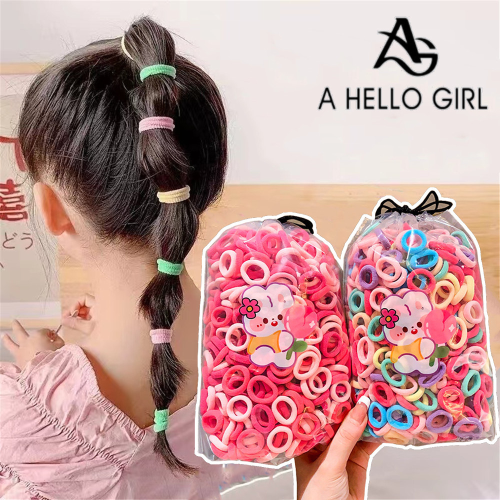 A HELLO GIRL 200 ชิ้น เซต ยางรัดผม สําหรับเด็ก แฟชั่นเกาหลี ที่เรียบง่าย ความยืดหยุ่นสูง เครื่องประดับผมเด็กผู้หญิง