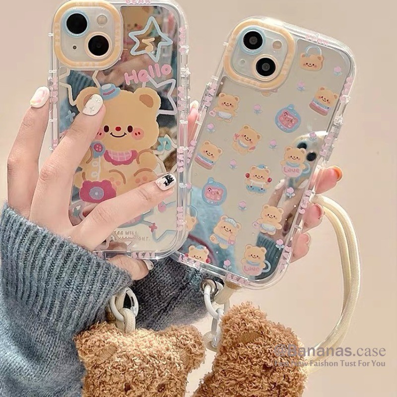 Iphone 15 14 13 12 11 Pro Max X Xr Xs Max 7 8 Plus เคสโทรศัพท์ กระจกน่ารัก + สายคล้อง หมี นุ่ม เคสโทรศัพท์