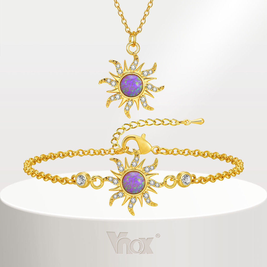 Vnox ชุดสร้อยคอ สร้อยข้อมือ สเตนเลส 18K ประดับเพทาย โอปอล ดอกทานตะวัน สีทอง สีม่วง สไตล์เรโทร สําหรับผู้หญิง
