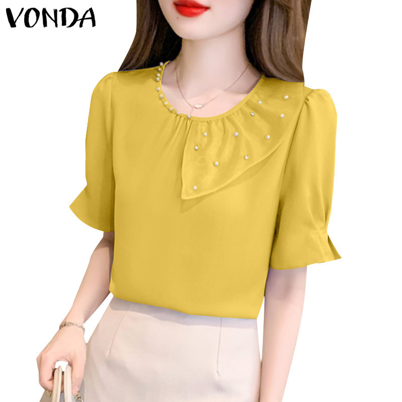 Vonda เสื้อเบลาส์ลําลอง คอกลม แขนแต่งระบาย แฟชั่นสไตล์เกาหลี สําหรับผู้หญิง