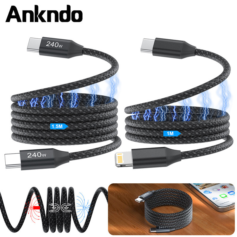 Ankndo PD240W สายชาร์จแม่เหล็ก USB C เป็น Light/ning 3A ชาร์จเร็ว ไม่พันกัน สําหรับ Samsung i/(Phone