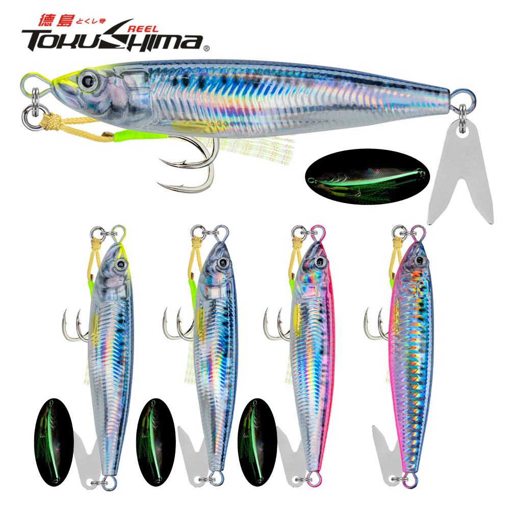 1 PC Luminous Fast Sinking โลหะ Jig Lure 20g 30g 40g 60g 80g น้ําเค็ม Shore Casting Fishing Lure แนวตั้งโลหะ Jig พร้อมเลื่อมและตะขอ