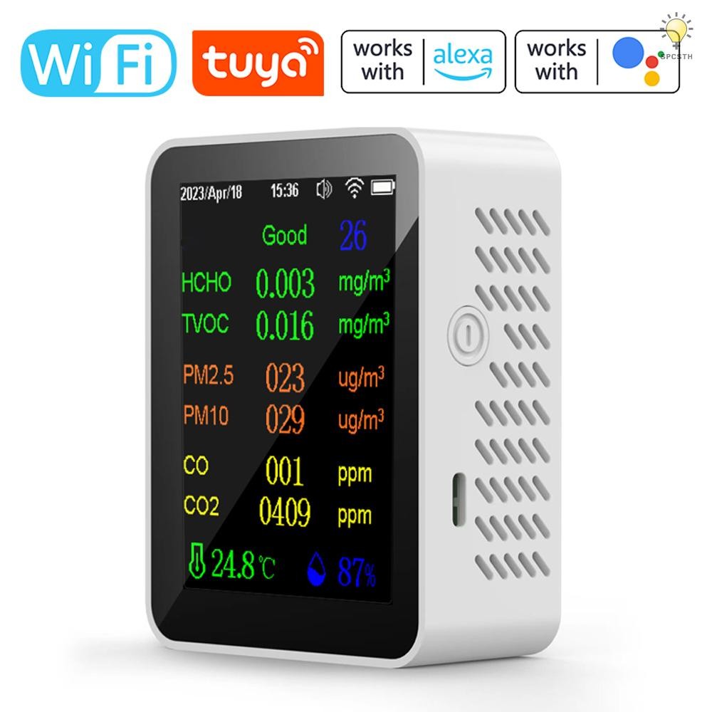 เครื่องวัดคุณภาพอากาศแบบพกพา 9in1 PM2.5 PM10 CO CO2 TVOC HCHO AQI เครื่องวัดอุณหภูมิและความชื้นหน้าจ