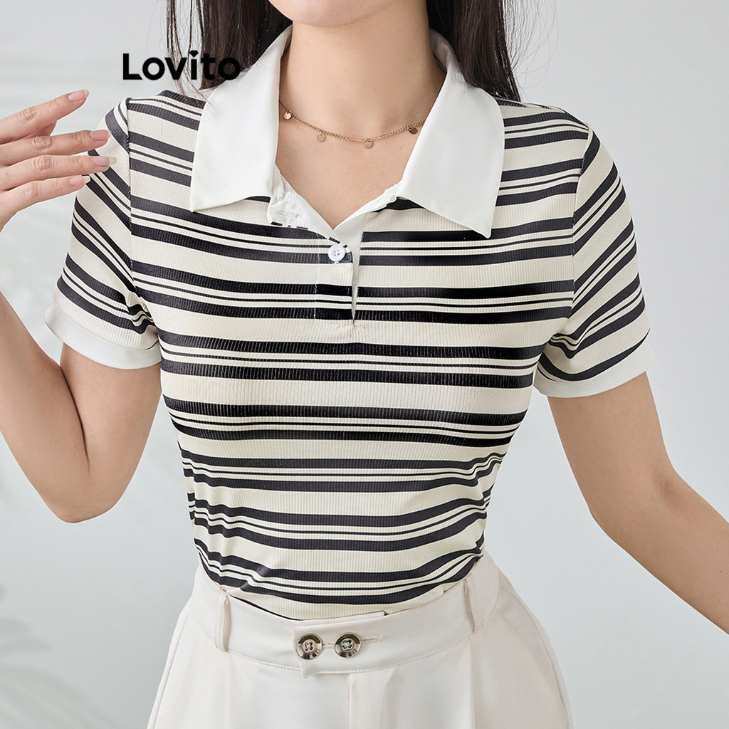 Lovito เสื้อยืดลําลอง บล็อกสี ลายทาง สําหรับผู้หญิง L113MD235