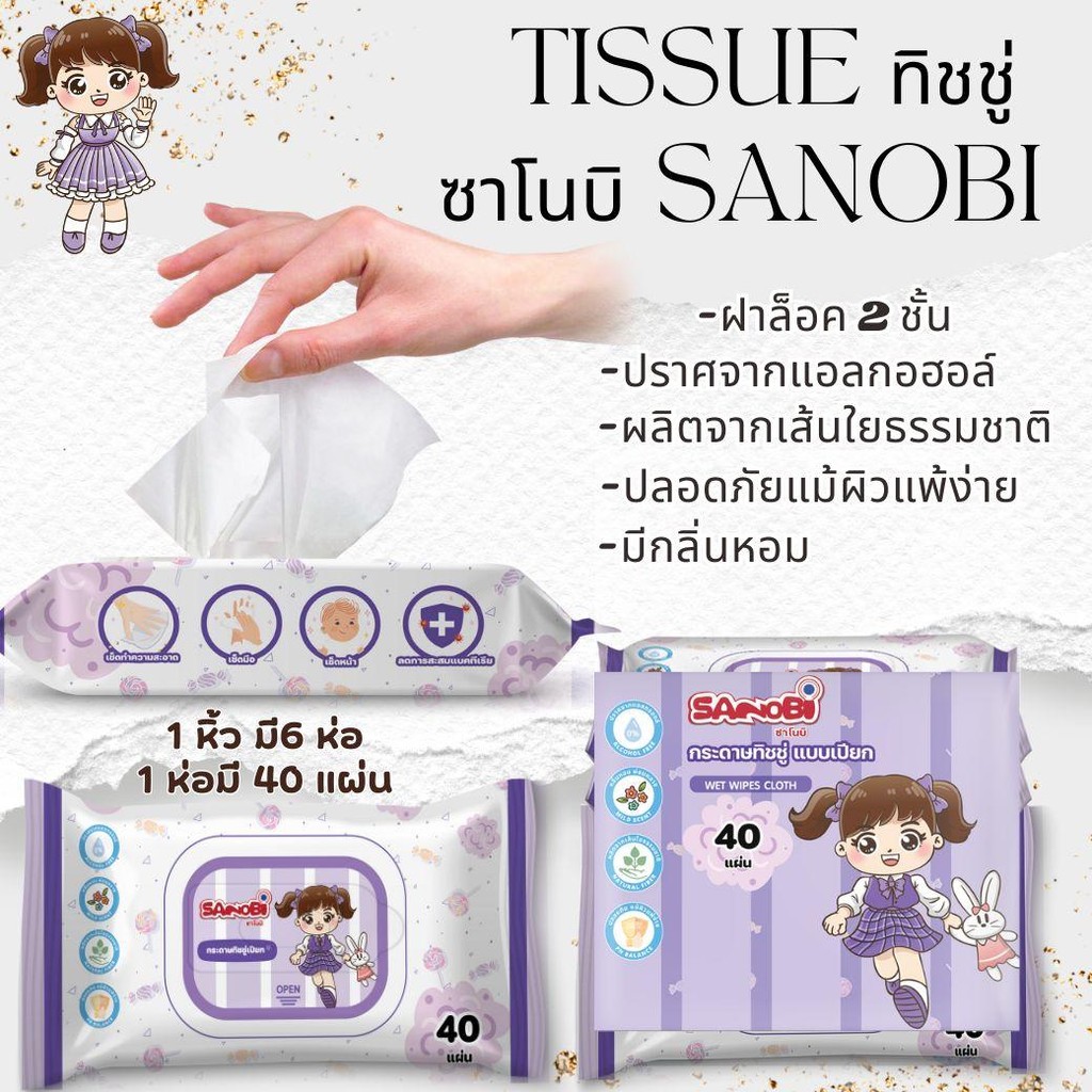 ยกหิ้ว 6 ห่อ ห่อละ 40 แผ่น กระดาษทิชชู่เปียกทำความสะอาด ปราศจากแอลกอฮอล์ แผ่นผ้าเปียกทำความสะอาด