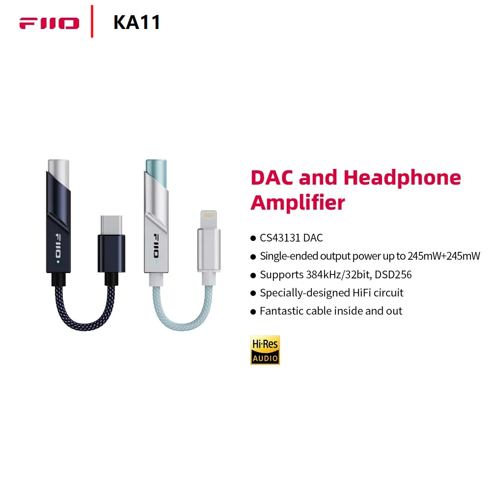 Fiio KA11 อะแดปเตอร์ขยายเสียงหูฟัง USB C เป็น 3.5 มม. 32bit 384KHz Type C เป็น 3.5 มม. สําหรับ Andro