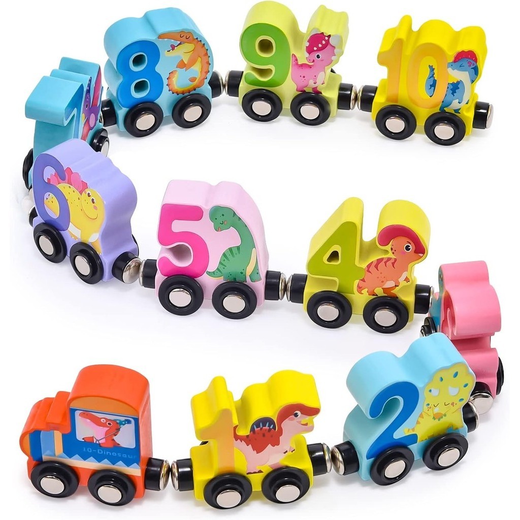 11 Pcs Wooden Dinosaur Train Set Toddlers Magnetic Number Train Toys Engine Train Cars Montessori Educational toys