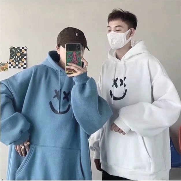 เสื้อแจ็กเก็ตลําลอง มีฮู้ด ทรงหลวม พิมพ์ลายหน้ายิ้ม ขนาดใหญ่ แฟชั่นฤดูใบไม้ร่วง และฤดูหนาว สําหรับผู้ชาย ไซซ์ M - 8XL