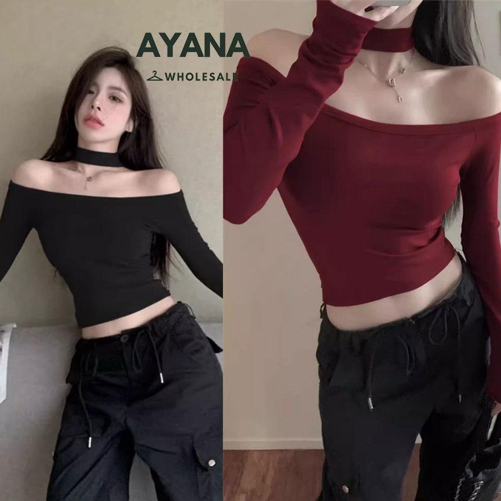 เสื้อครอปสำหรับผู้หญิง เปิดไหล่ เอวลอย ดีเทลสายคล้องคอ แฟชั่นสาวเกาหลี Sexy เข้ากับทุกลุค